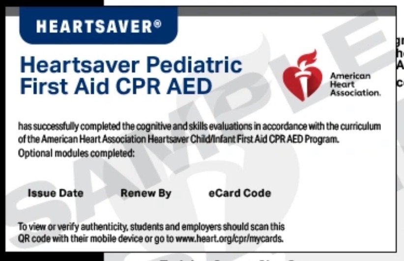 Sample American Heart Association Heartsaver Pediatric First Aid CPR AED eCard