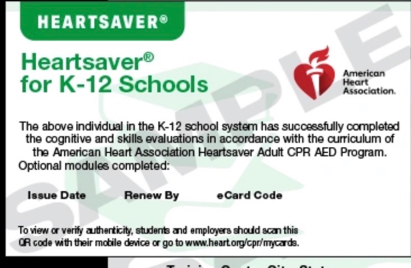 Sample American Heart Association Heartsaver for K-12 Schools eCard