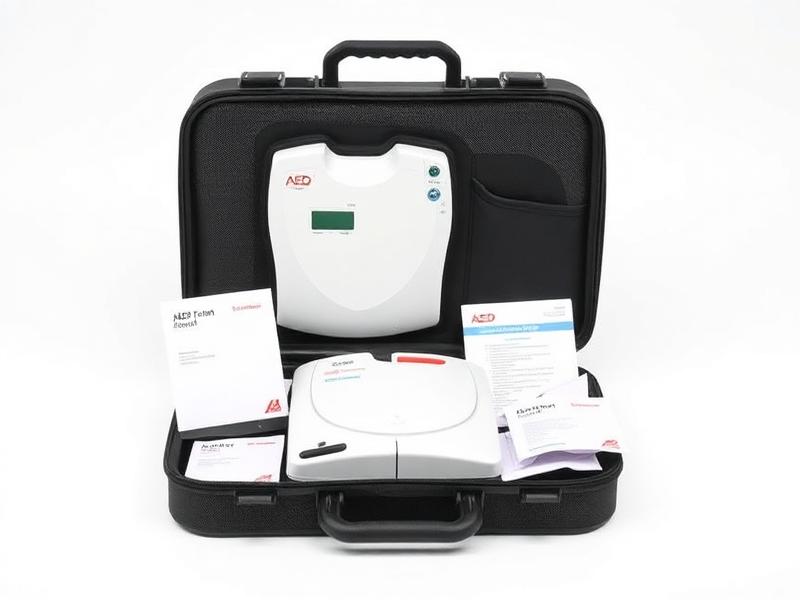 AED trainer unit with training pads in a carry case