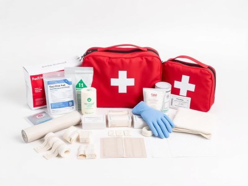 First aid training supplies including bandages, gauze and a red kit